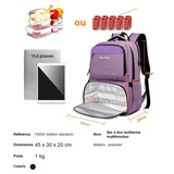 Dimensions du sac à dos isotherme violet : 45 x 30 x 20 cm, ordinateur 15,6 pouces