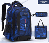 Zaino mimetico blu con astuccio e borsa tote abbinati
