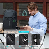 Mode d'emploi du port USB du sac à dos : port de charge externe, connexion au téléphone et câble interne vers la batterie externe