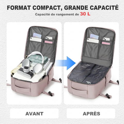 Sac à dos sous vide rose avant et après compression des affaires | Sogaïa