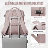 Sac à dos sous vide rose fixé sur une valise, détails des bretelles | Sogaïa
