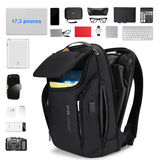 Sac à dos cabine ouvert avec ordinateur portable, tablette et accessoires de voyage