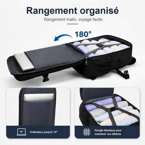Sac à dos cabine 40x30x20 ouvert à 180° avec ordinateur et vêtements rangés