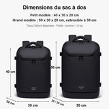 Dimensions du sac à dos sous vide : petit modèle 40 x 30 x 20 cm, grand modèle 50 x 30 x 20 cm extensible à 30 cm